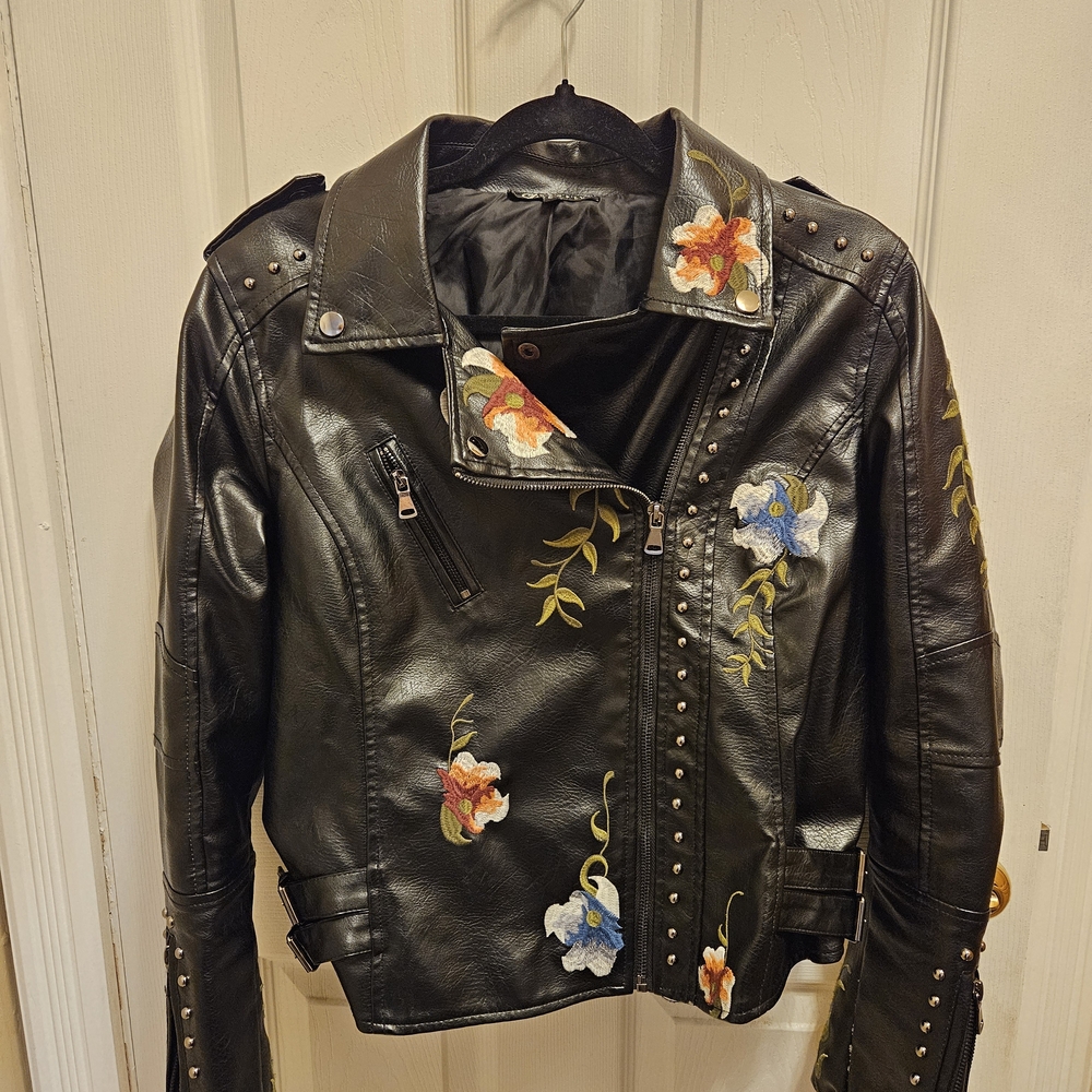 Embroidered Faux Black Leather Jacket